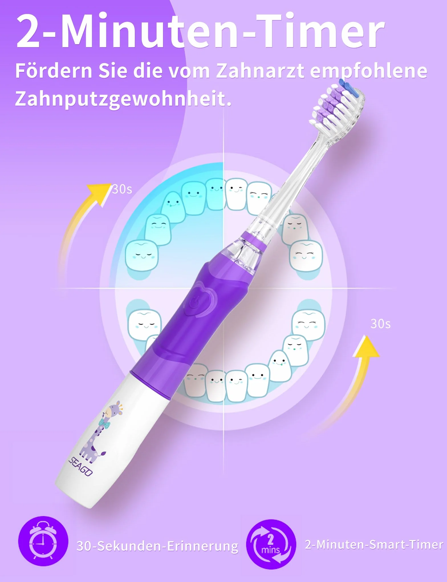 Seago SG977 Elektryczna szczoteczka do zębów dla dzieci z 8 bardzo miękkimi głowicami do zębów i 4 trybami osobistymi, światło LED, inteligentny timer, wodoodporność IPX7, dziecięca soniczna