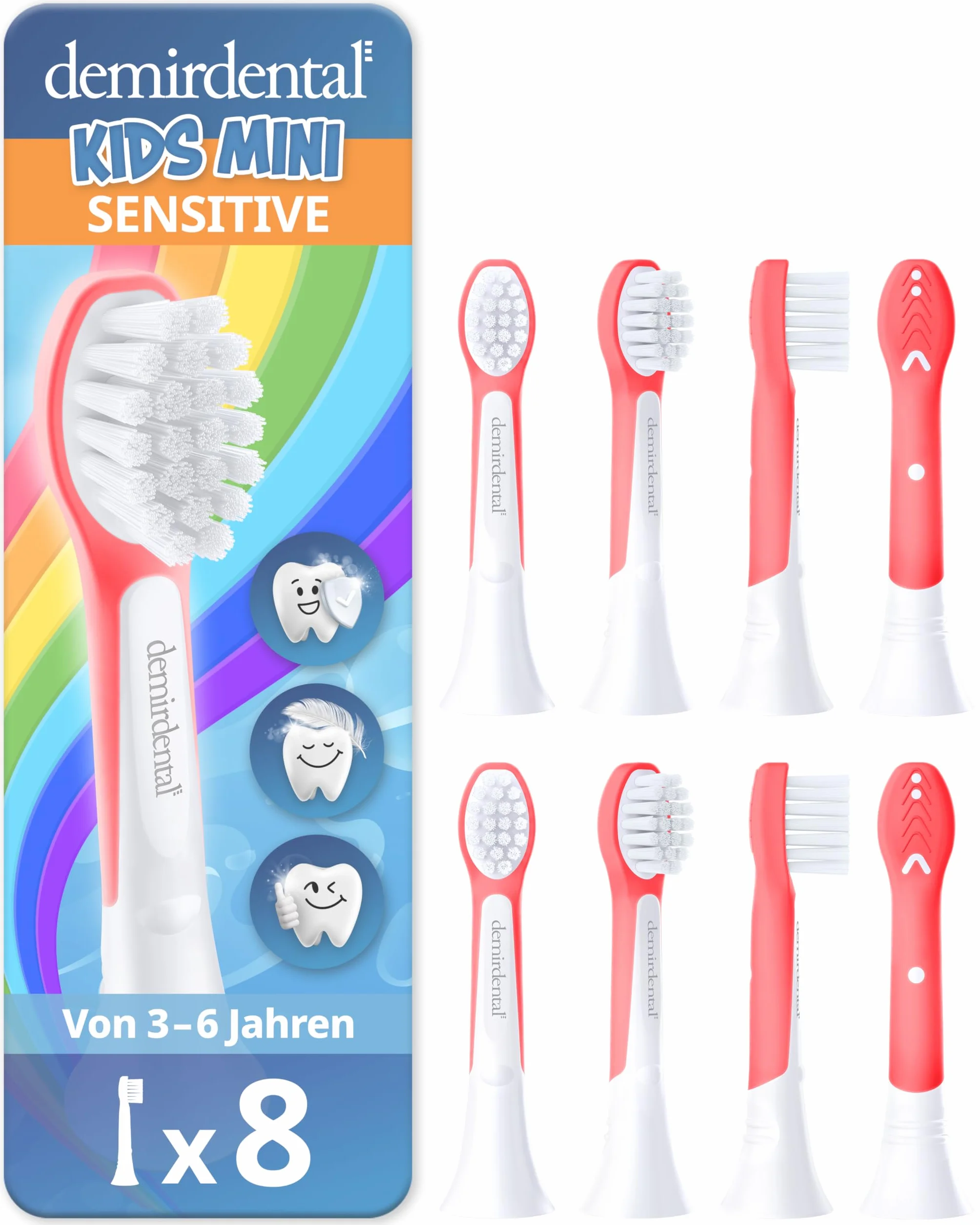 demirdental Główka szczoteczki do Philips Sonicare Kids Główka szczoteczki dla dzieci, kompaktowa Mini do małych zębów mlecznych, dzieci w wieku 3-6 lat, zastępuje HX6038 HX6034, czerwona, zestaw 8