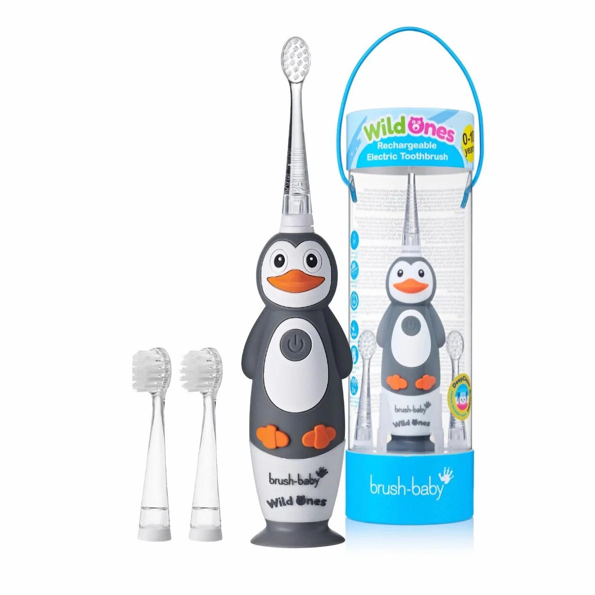 Brush-Baby WildOnes elektryczna szczoteczka do zębów dla dzieci, 1 uchwyt, 3 głowice, kabel do ładowania USB, dla dzieci w wieku 0-10 (pengiun)