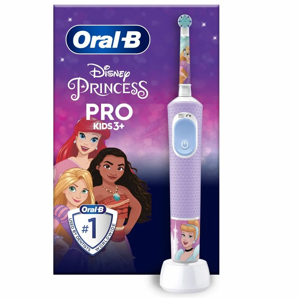 Oral-B Kids Prinzessin elektryczna szczoteczka do zębów dla dzieci od 3 lat, mała główka szczoteczki i miękkie włosie, 2 programy czyszczenia w tym Sensitiv, timer, 4 naklejki Disney, różowa