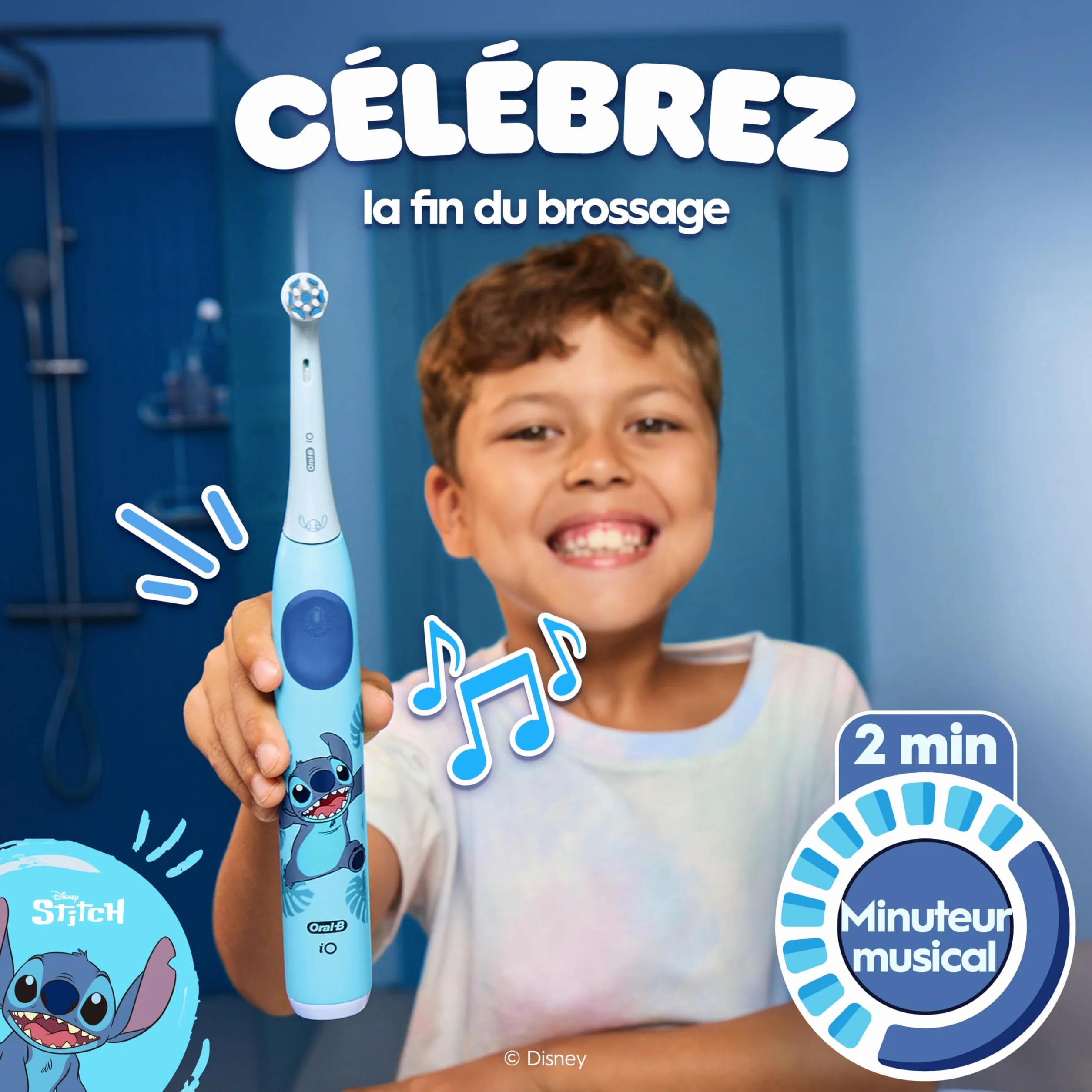 Oral-B iO Kids 6+ Disney Stitch elektryczna szczoteczka do zębów, dla dzieci od 6 lat, w zestawie 1 szczoteczka, etui podróżne, timer muzyczny i 3 tryby czyszczenia zębów — niebieska