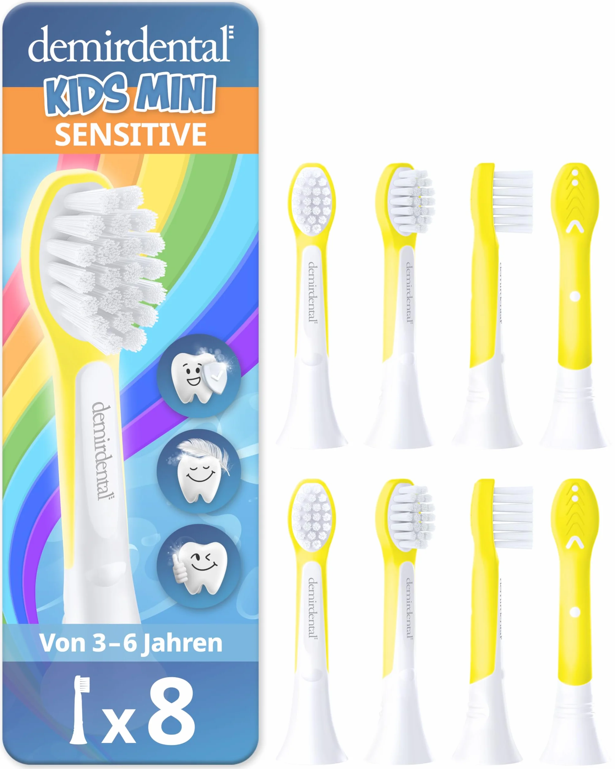 demirdental Główka szczoteczki do Philips Sonicare Kids Główka szczoteczki dla dzieci, kompaktowa Mini do małych zębów mlecznych, dzieci w wieku 3-6 lat, zastępuje HX6038 HX6034, żółta, zestaw 8 szt